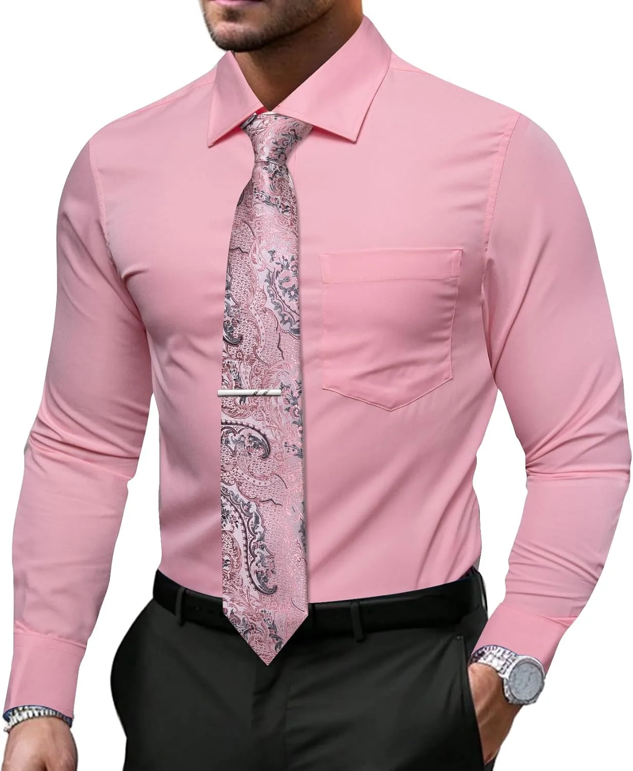 Barry.Wang Solid Colors Mens Dress Shirt and Tie Set Formal Business Wedding Shirts Long Sleeve Button Down Casual 6PCS