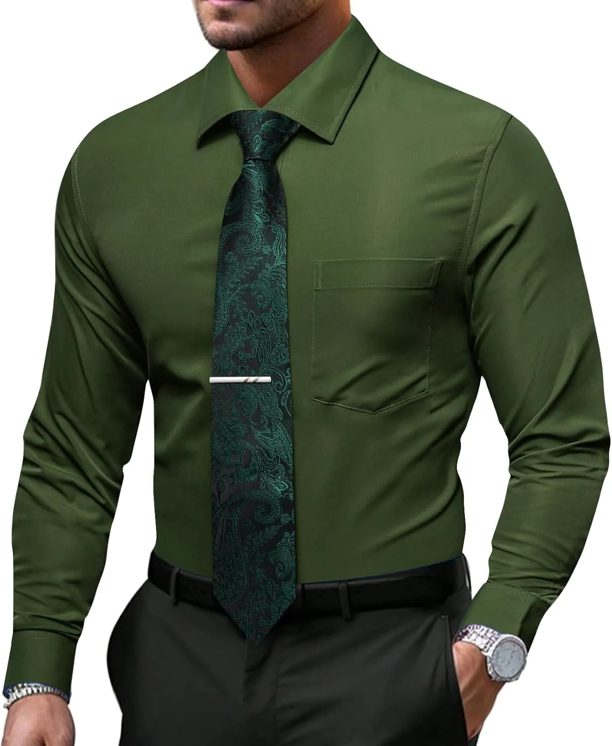 Barry.Wang Solid Colors Mens Dress Shirt and Tie Set Formal Business Wedding Shirts Long Sleeve Button Down Casual 6PCS