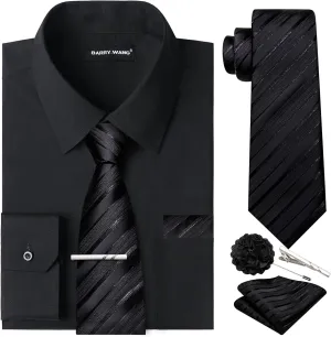 Barry.Wang Solid Colors Mens Dress Shirt and Tie Set Formal Business Wedding Shirts Long Sleeve Button Down Casual 6PCS