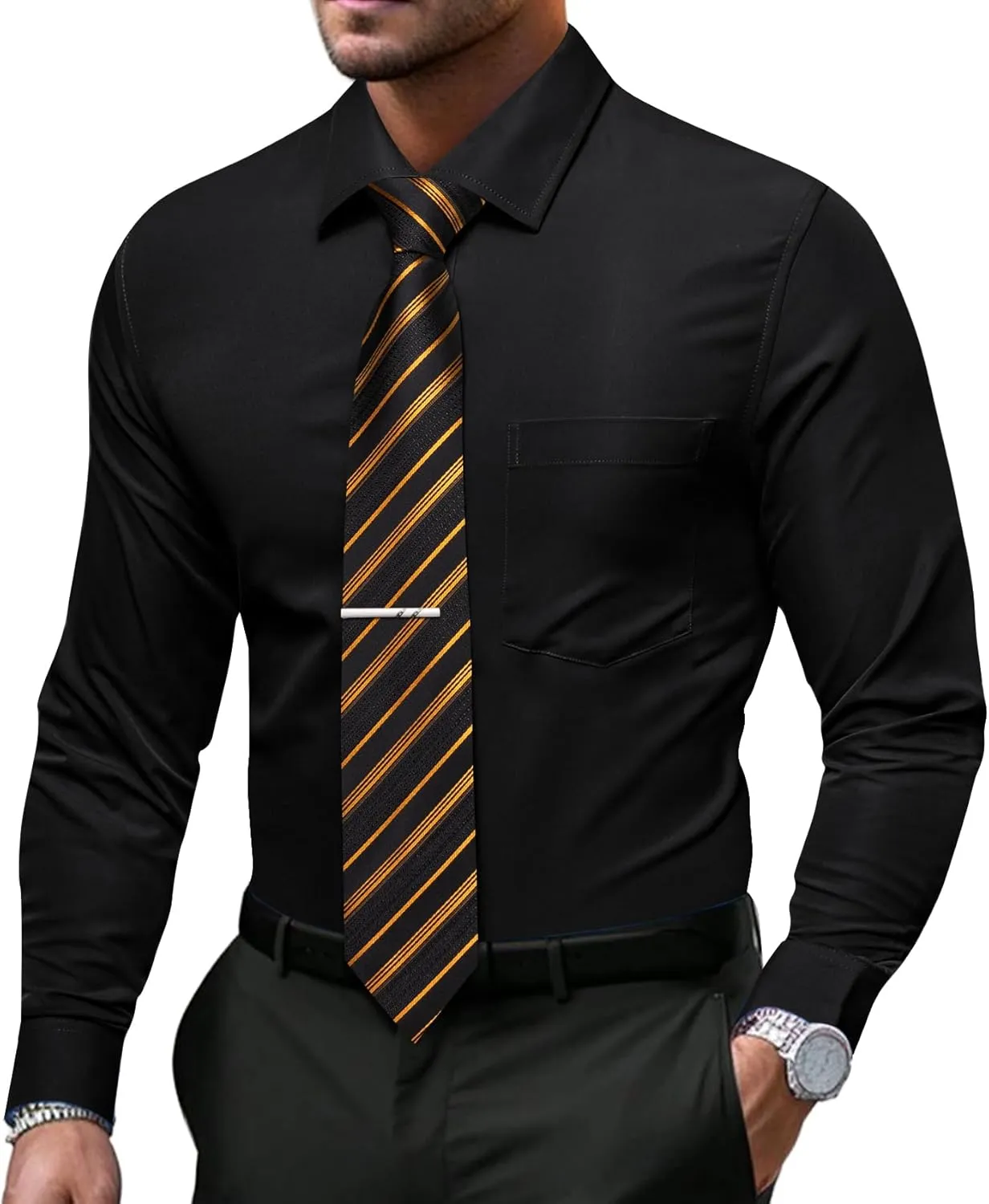 Barry.Wang Solid Colors Mens Dress Shirt and Tie Set Formal Business Wedding Shirts Long Sleeve Button Down Casual 6PCS