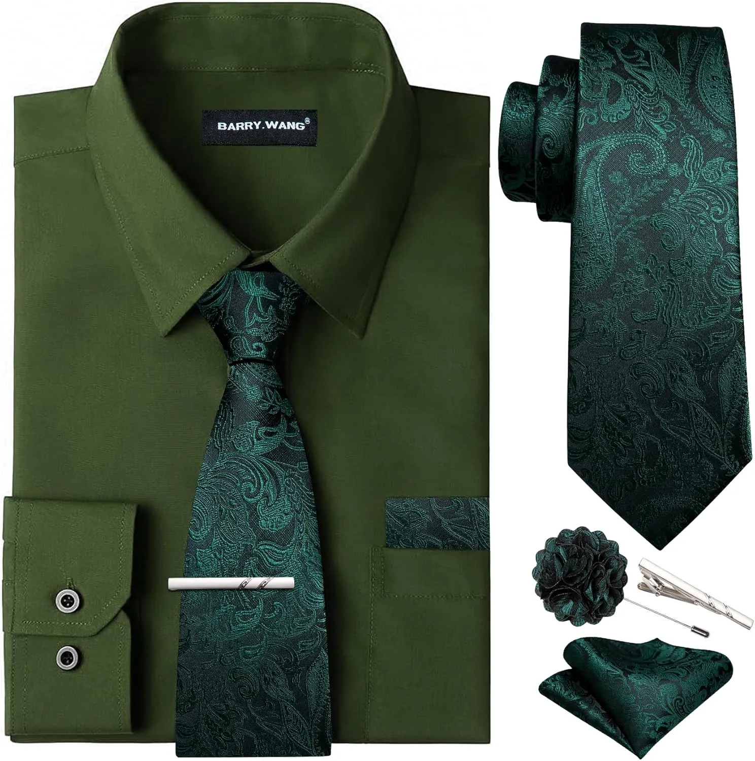 Barry.Wang Solid Colors Mens Dress Shirt and Tie Set Formal Business Wedding Shirts Long Sleeve Button Down Casual 6PCS