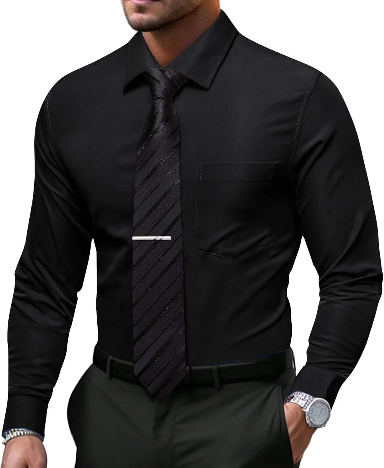 Barry.Wang Solid Colors Mens Dress Shirt and Tie Set Formal Business Wedding Shirts Long Sleeve Button Down Casual 6PCS