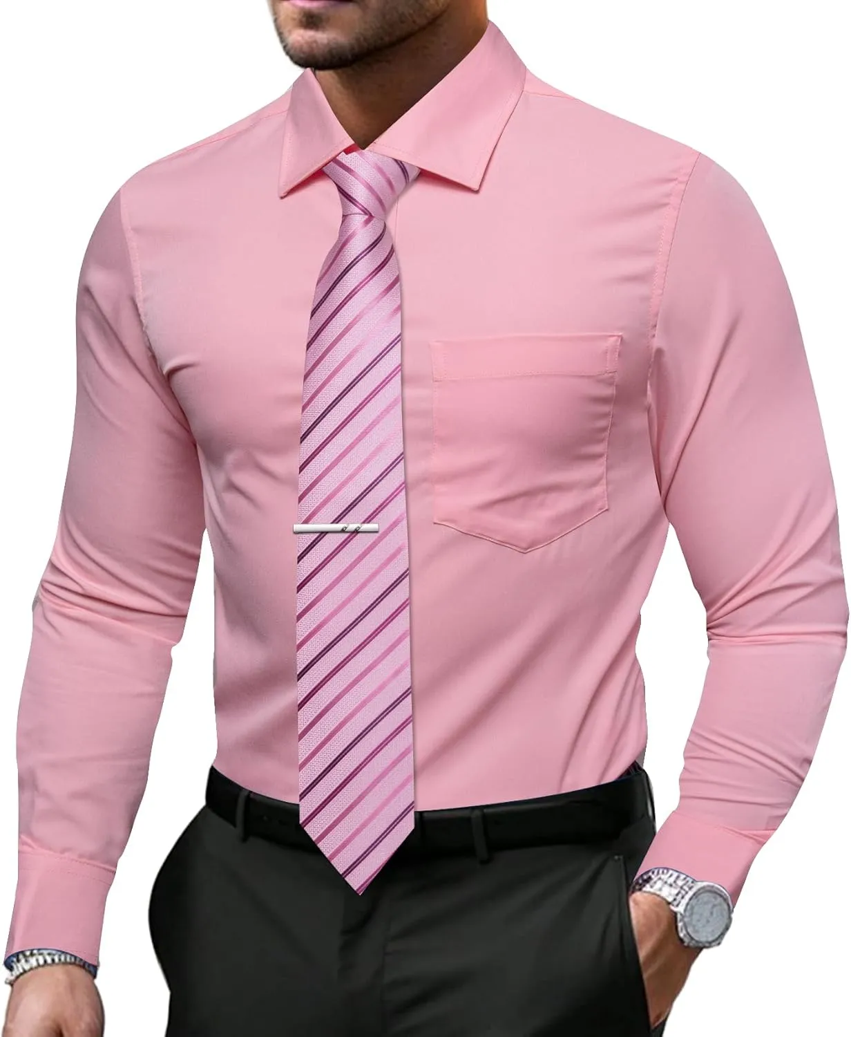 Barry.Wang Solid Colors Mens Dress Shirt and Tie Set Formal Business Wedding Shirts Long Sleeve Button Down Casual 6PCS