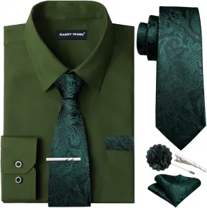 Barry.Wang Solid Colors Mens Dress Shirt and Tie Set Formal Business Wedding Shirts Long Sleeve Button Down Casual 6PCS