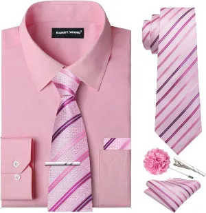 Barry.Wang Solid Colors Mens Dress Shirt and Tie Set Formal Business Wedding Shirts Long Sleeve Button Down Casual 6PCS