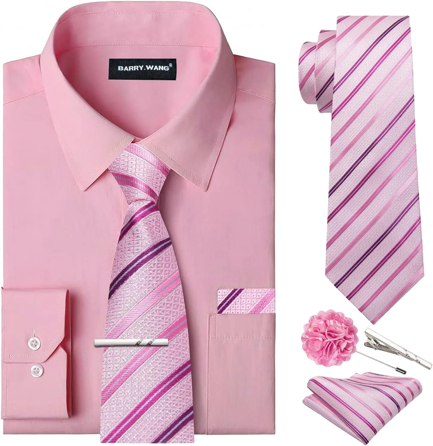 Barry.Wang Solid Colors Mens Dress Shirt and Tie Set Formal Business Wedding Shirts Long Sleeve Button Down Casual 6PCS