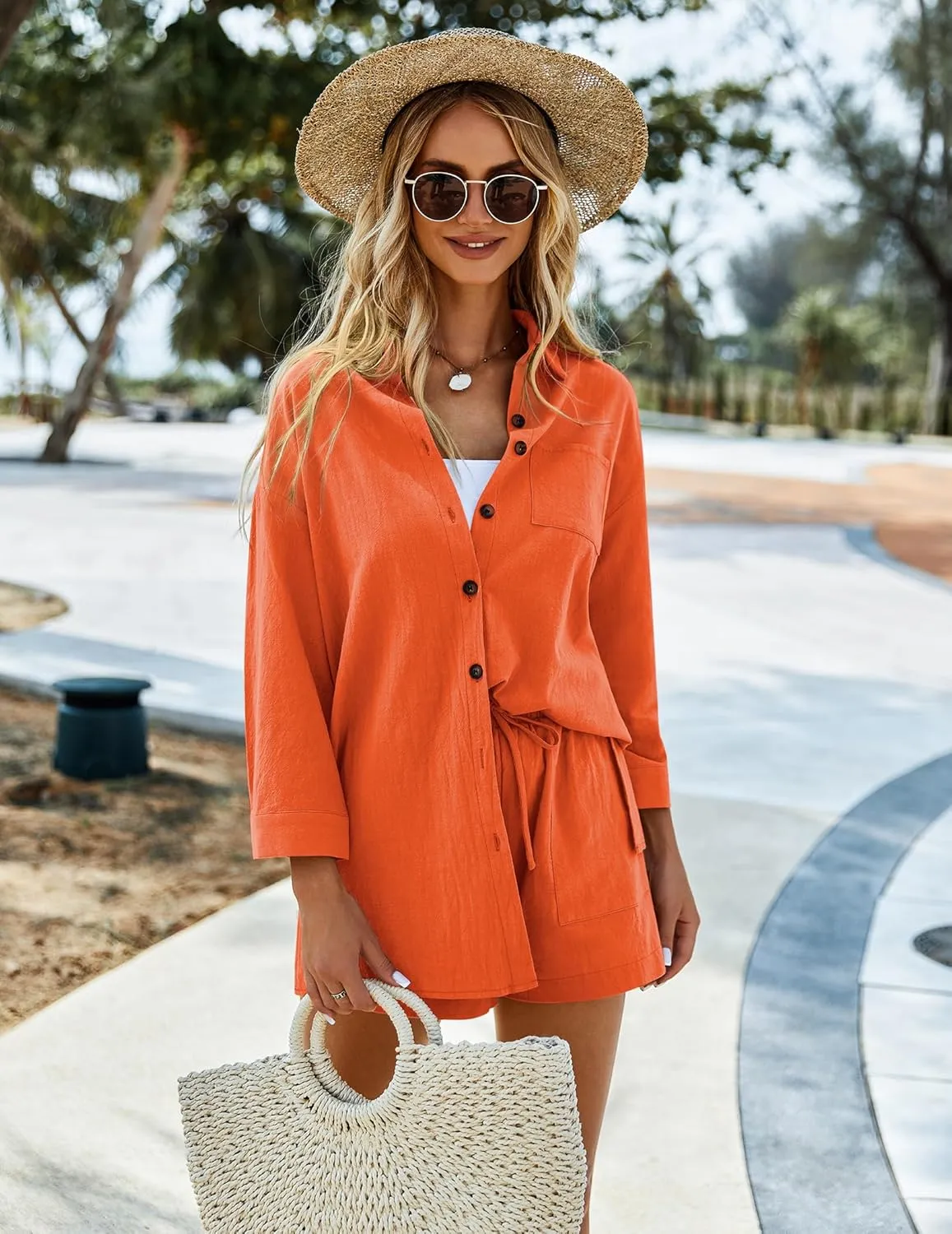 Beyove Women's Cotton Linen Set Casual Tracksuit Button Down 3/4 Sleeve Shirt Drawstring Shorts Pockets 2 Piece Lounge Set