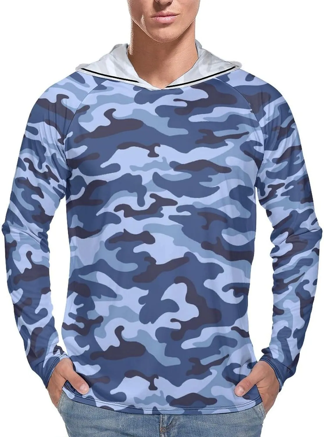 Blue Camouflage Men's Quick Dry Long Sleeve Shirts UV Sun Protection Moisture Wicking T-Shirt XL