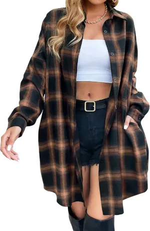 BMJL Womens Button Down Flannel Shirts Oversized Buffalo Plaid Shacket Long Sleeve Shirt Dress Long Jacket Coat