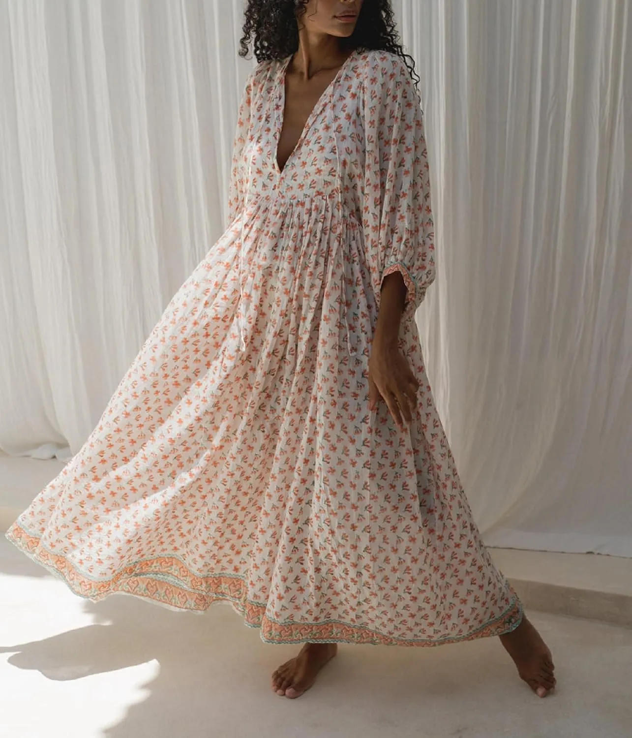 Boho Floral Maxi Dress for Women Puff Sleeve V Neck Loose Flowy Long Dress Beach Oversized Tiered Swing Sundress