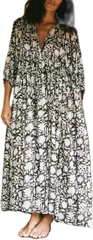 Boho Floral Maxi Dress for Women Puff Sleeve V Neck Loose Flowy Long Dress Beach Oversized Tiered Swing Sundress