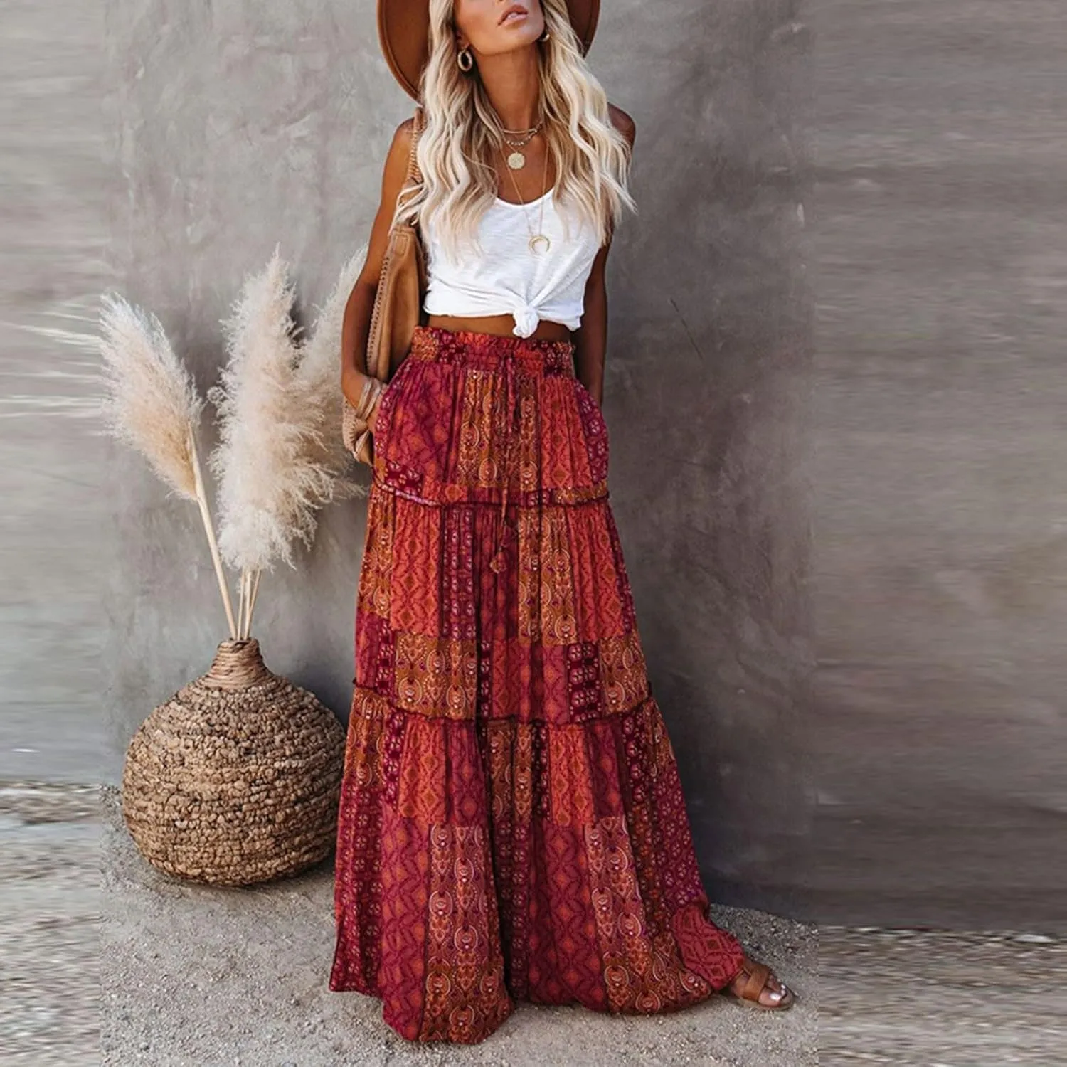 Boho Long Skirts for Women Summer Drawstring High Waisted Tiered Flowy Maxi Skirt Casual Beach Bohemian A-Line Skirt