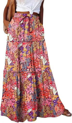 Boho Maxi Skirts for Women 2025 Drawstring High Waisted Tiered Long Flowy Skirt Casual Beach Bohemian A-Line Skirt