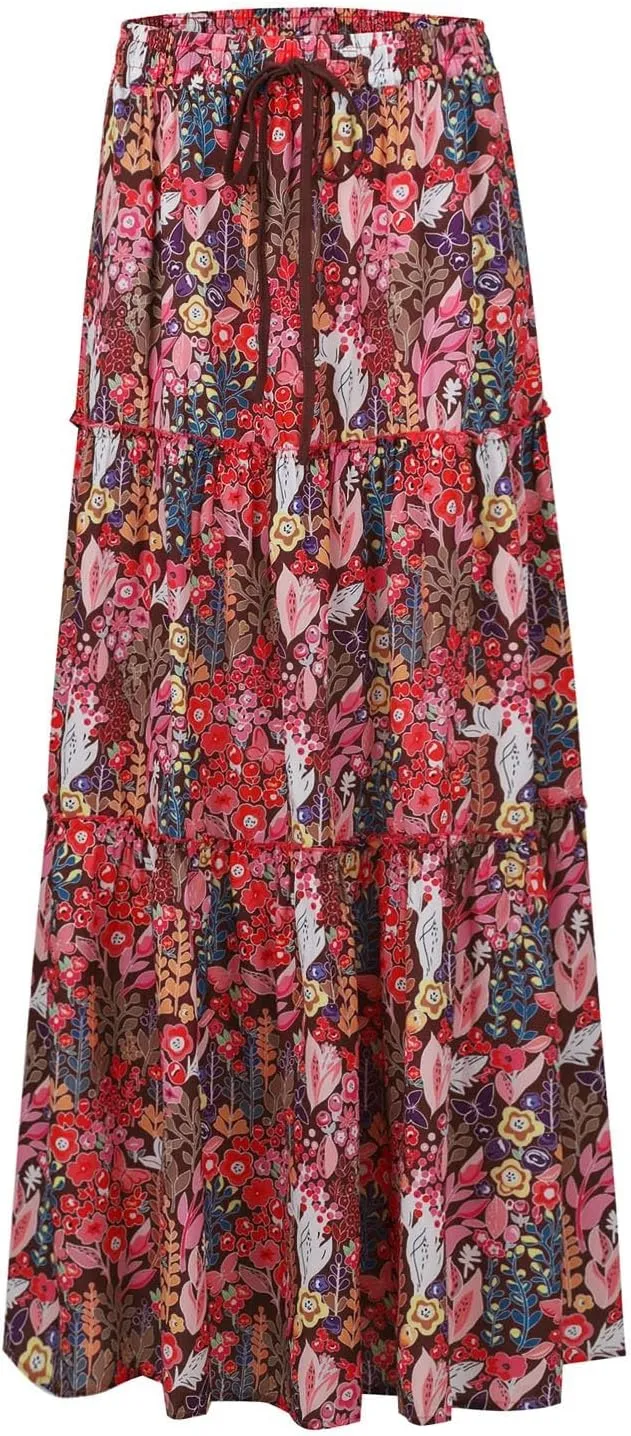 Boho Maxi Skirts for Women 2025 Drawstring High Waisted Tiered Long Flowy Skirt Casual Beach Bohemian A-Line Skirt
