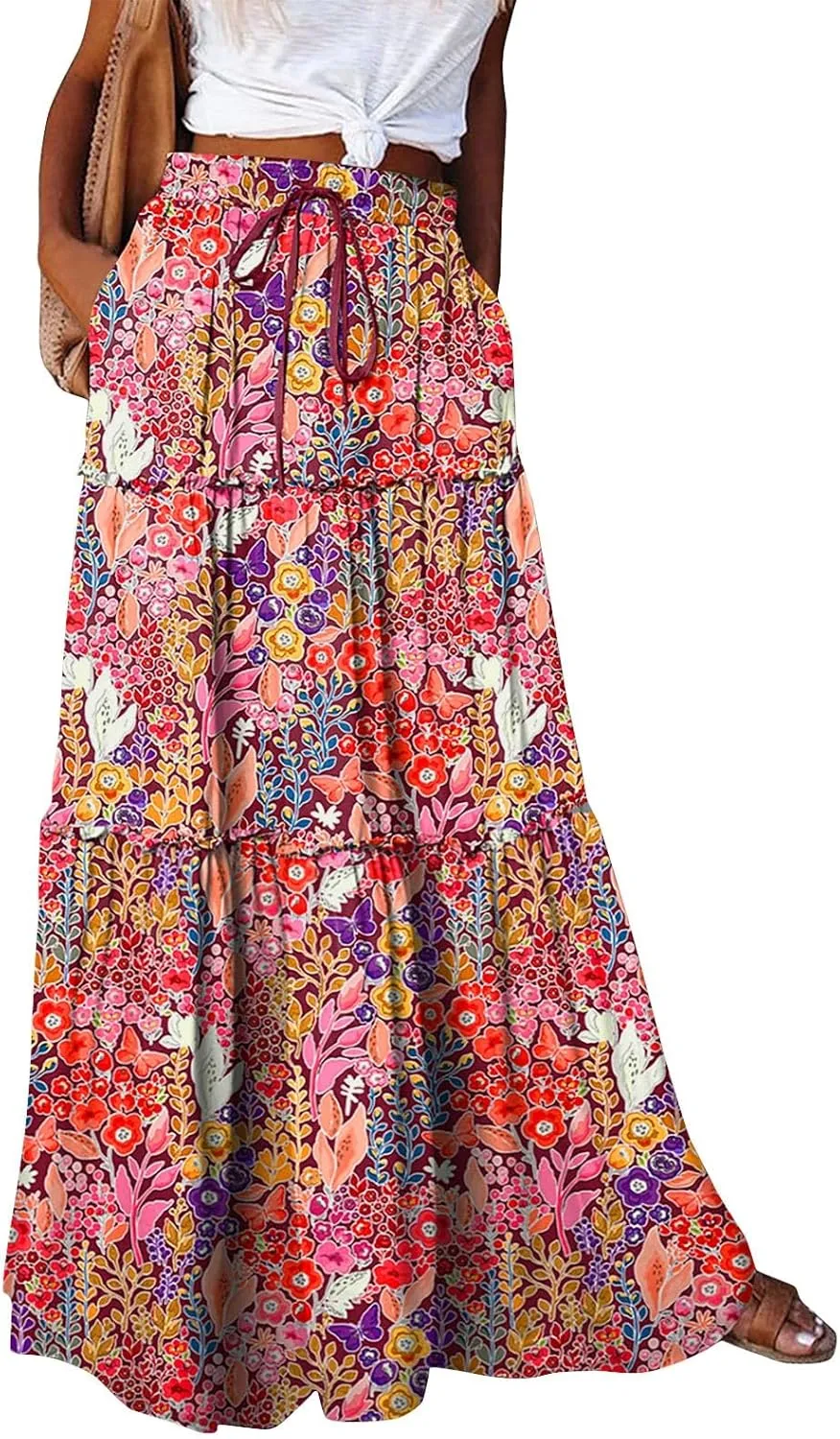 Boho Maxi Skirts for Women 2025 Drawstring High Waisted Tiered Long Flowy Skirt Casual Beach Bohemian A-Line Skirt