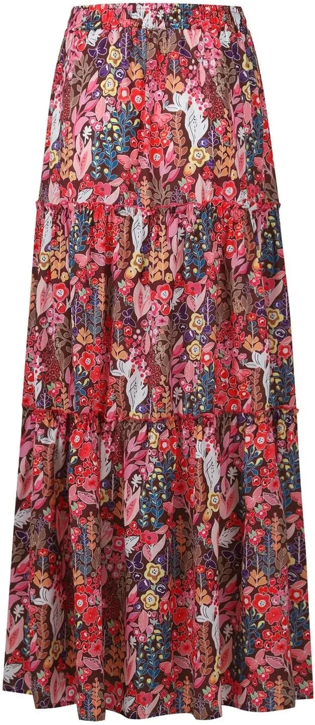 Boho Maxi Skirts for Women 2025 Drawstring High Waisted Tiered Long Flowy Skirt Casual Beach Bohemian A-Line Skirt