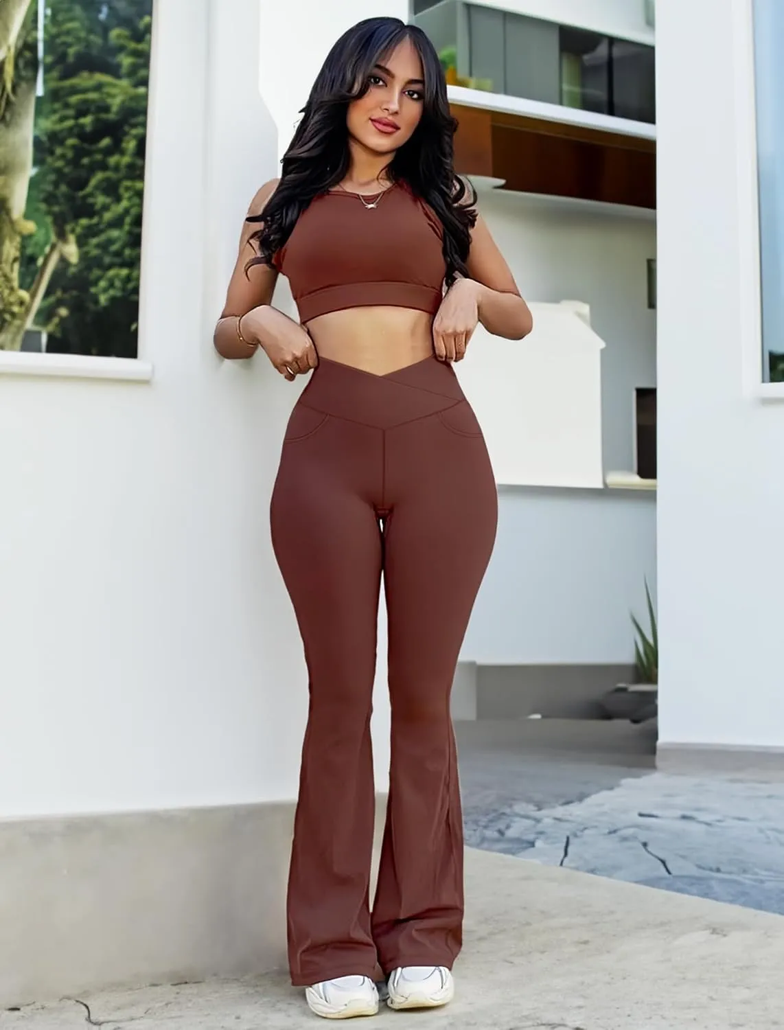 BOOVET Women's Flare Yoga Pants with Pockets Crossover High Waisted Bootcut Flare Yoga Leggings Tummy Control Workout Pants