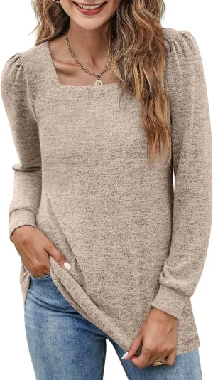 BZB Womens Tunic Tops for Leggings Square Neck Puff Sleeve Shirts Casual Fall Sweatshirts S-2XL
