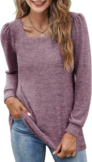 BZB Womens Tunic Tops for Leggings Square Neck Puff Sleeve Shirts Casual Fall Sweatshirts S-2XL