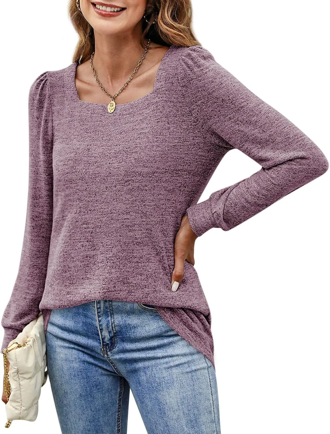 BZB Womens Tunic Tops for Leggings Square Neck Puff Sleeve Shirts Casual Fall Sweatshirts S-2XL