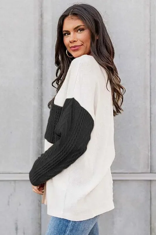 Cable Knit Color Block Round Neck Sweater