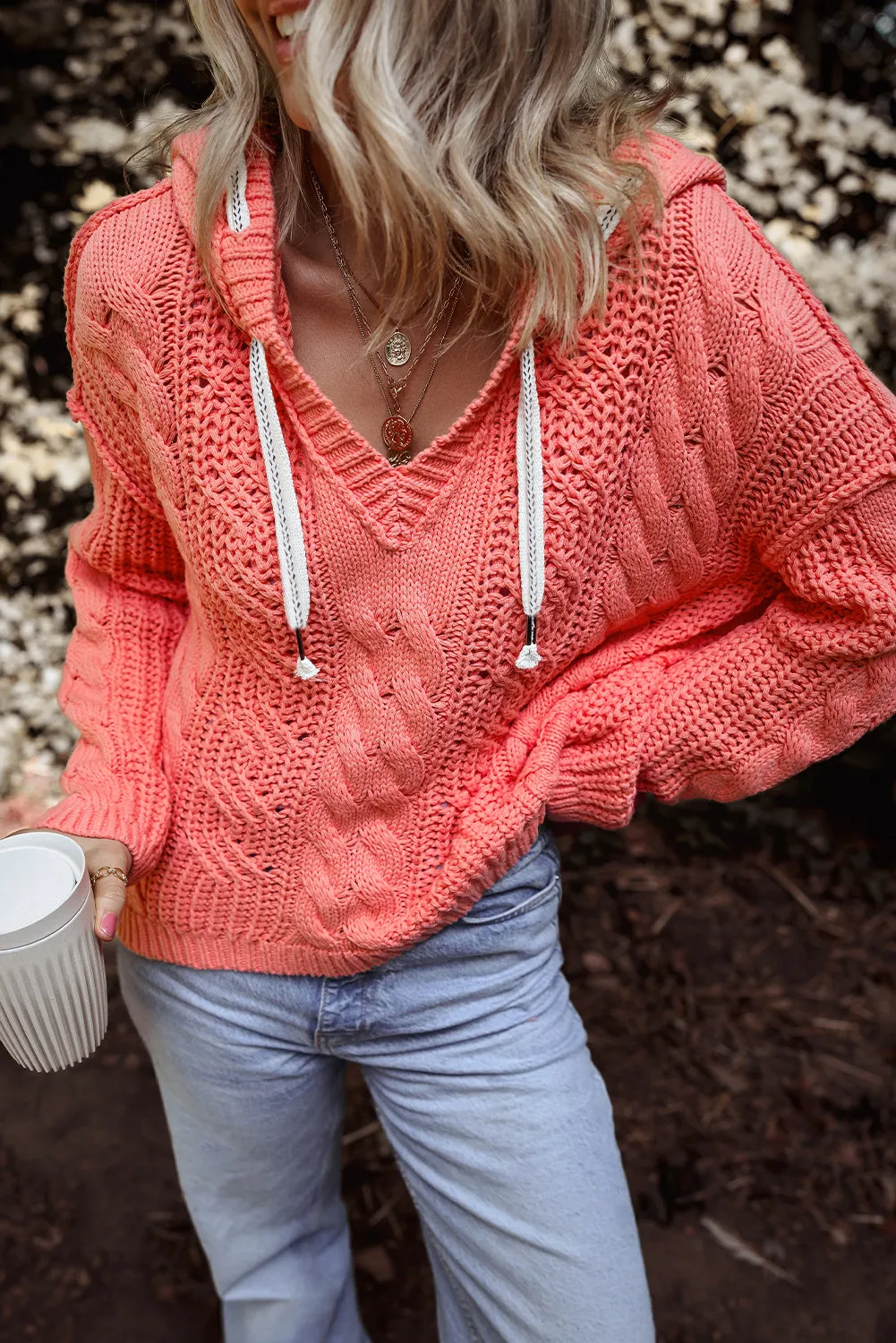 Cable Knit Drawstring Hooded Sweater