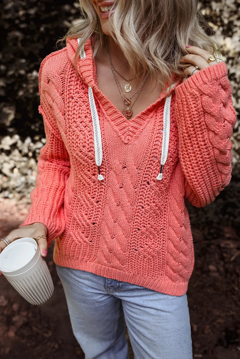 Cable Knit Drawstring Hooded Sweater