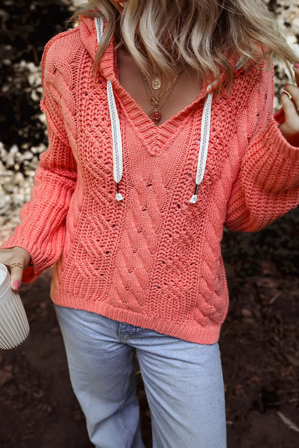 Cable Knit Drawstring Hooded Sweater