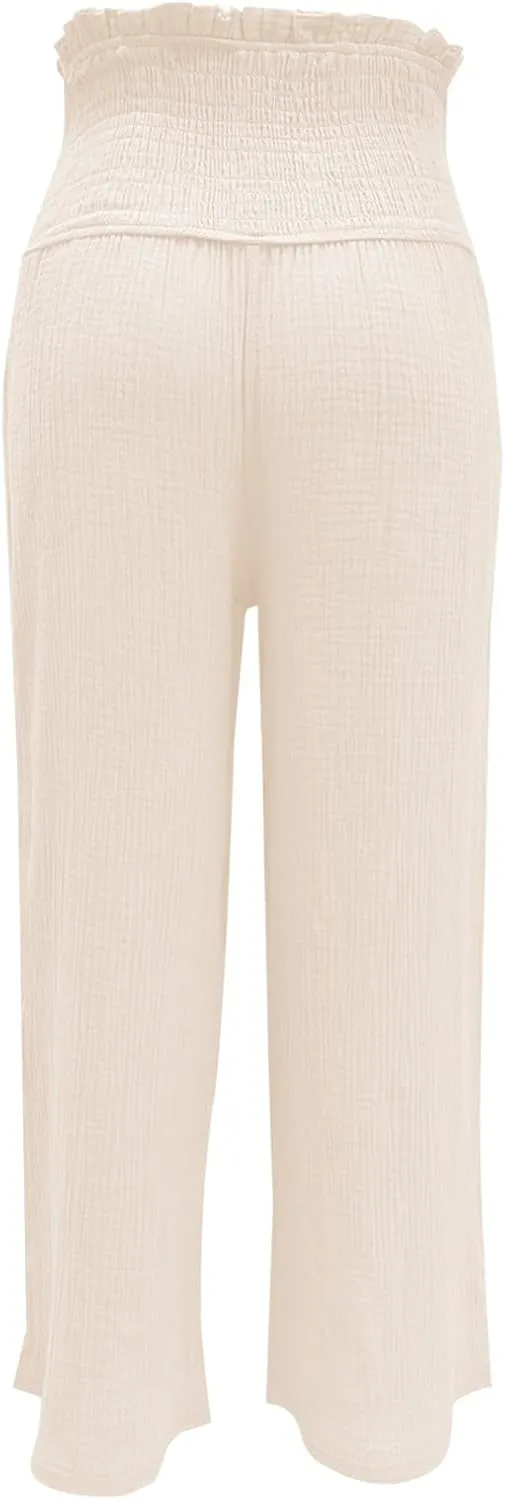 Capri Pants for Women 2025 Summer Casual High Waisted Flowy Wide Leg Pant Loose Fit Smocked Cropped Lounge Trousers