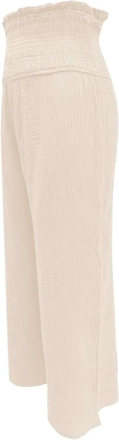 Capri Pants for Women 2025 Summer Casual High Waisted Flowy Wide Leg Pant Loose Fit Smocked Cropped Lounge Trousers