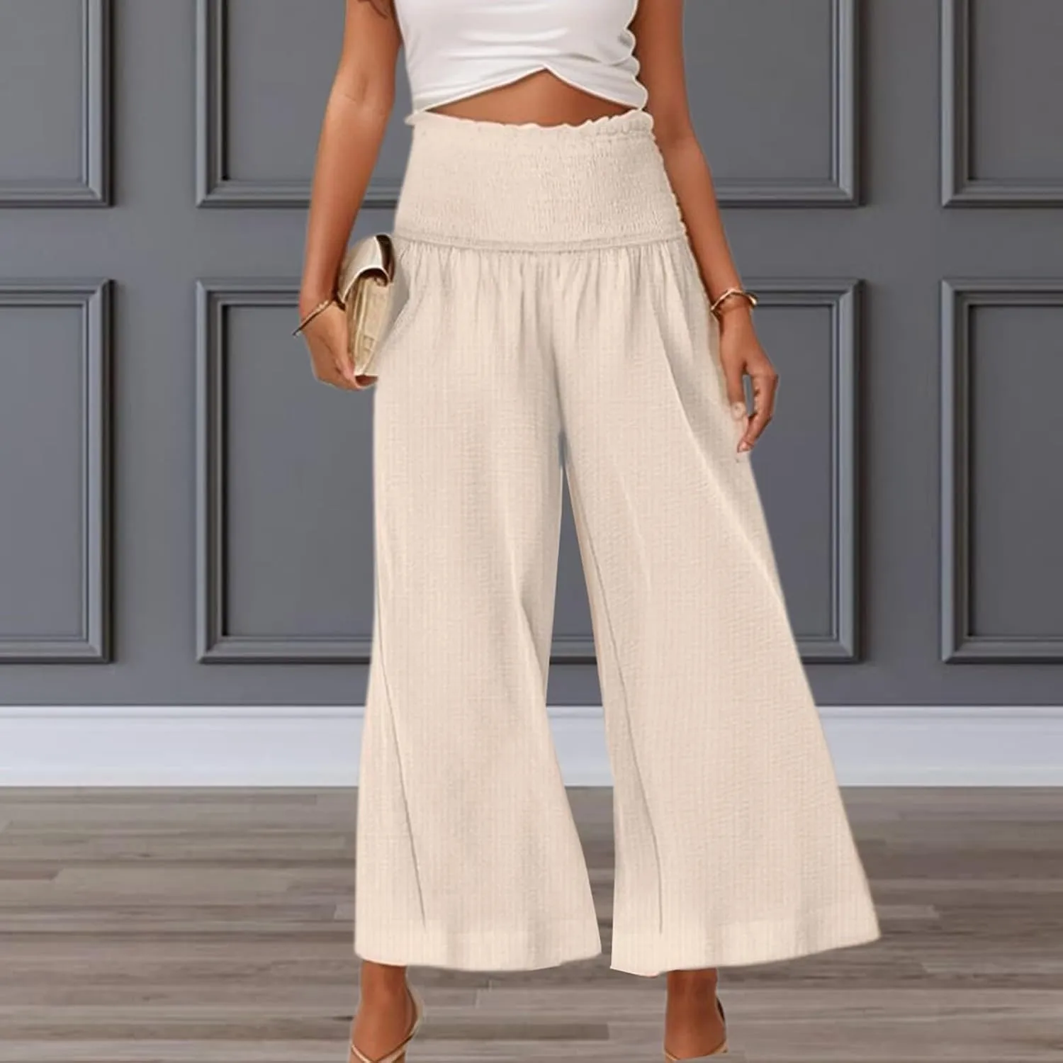 Capri Pants for Women 2025 Summer Casual High Waisted Flowy Wide Leg Pant Loose Fit Smocked Cropped Lounge Trousers