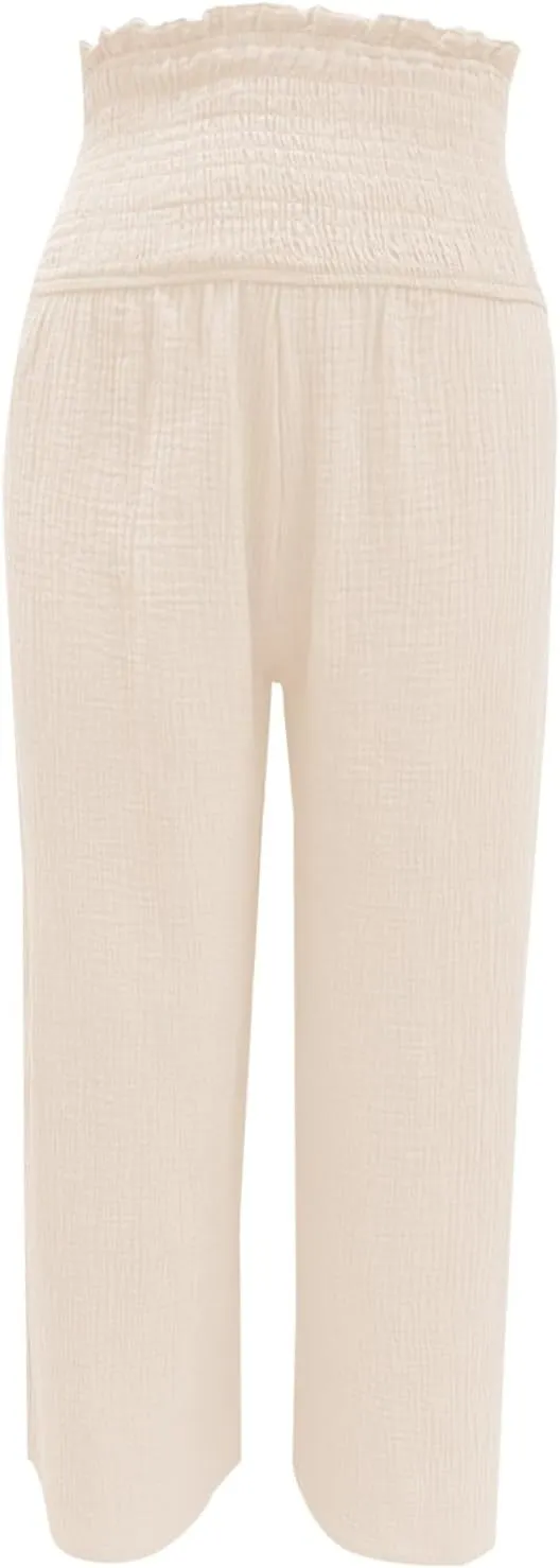 Capri Pants for Women 2025 Summer Casual High Waisted Flowy Wide Leg Pant Loose Fit Smocked Cropped Lounge Trousers