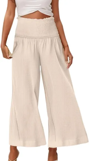 Capri Pants for Women 2025 Summer Casual High Waisted Flowy Wide Leg Pant Loose Fit Smocked Cropped Lounge Trousers
