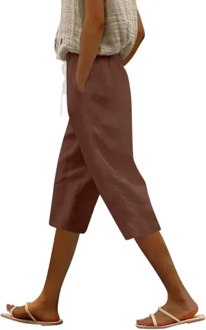 Capri Pants for Women Drawstring Cargo Petite Short Womens Capris Summer Loose Pants Stretch Linen Cotton