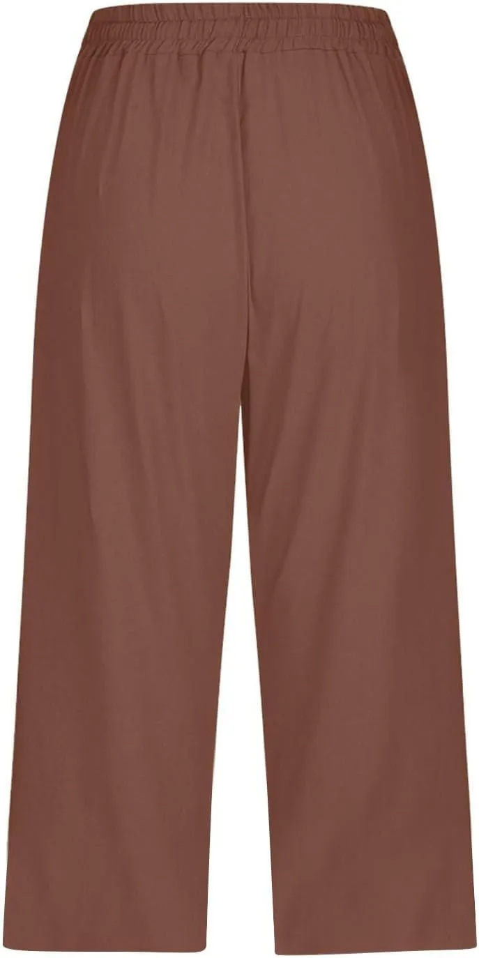 Capri Pants for Women Drawstring Cargo Petite Short Womens Capris Summer Loose Pants Stretch Linen Cotton