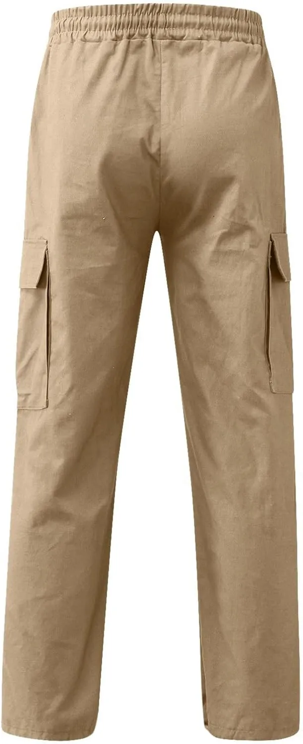 Cargo Pants for Men, Big and Tall Elastic Waist Cotton Woven Sweatpants Causal Rope Multi Pockets Joggers Athletic Pants