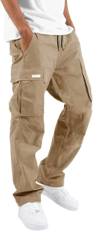 Cargo Pants for Men, Big and Tall Elastic Waist Cotton Woven Sweatpants Causal Rope Multi Pockets Joggers Athletic Pants