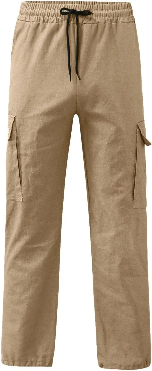 Cargo Pants for Men, Big and Tall Elastic Waist Cotton Woven Sweatpants Causal Rope Multi Pockets Joggers Athletic Pants