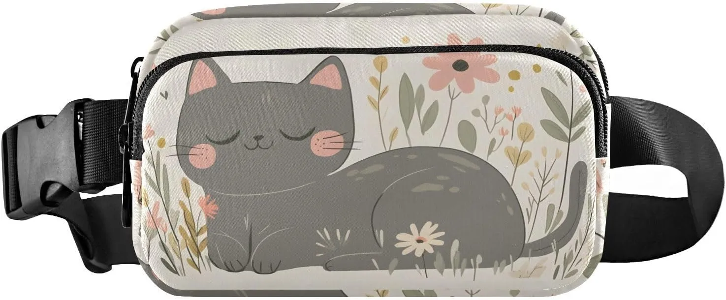 Cartoon Grey Cat Fanny Pack Water Resistant, Women Men Waist Pack Sling Bag Purse for Travel Hiking