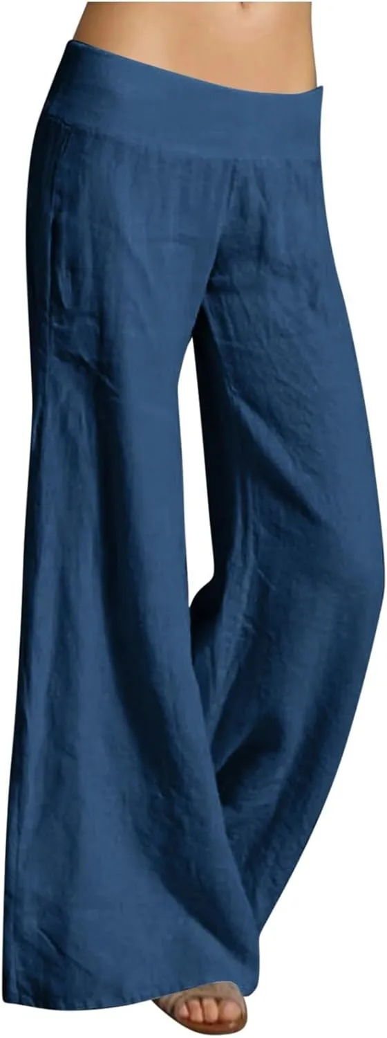 Casual Linen Pants for Womens Loose Fit Straight Leg Trousers 2025 Summer Lightweight Beach Pants with Pockets