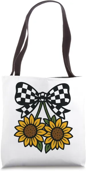 Checkered Bow Sunflower Y2K Aesthetic Soft Grunge Style Tote Bag