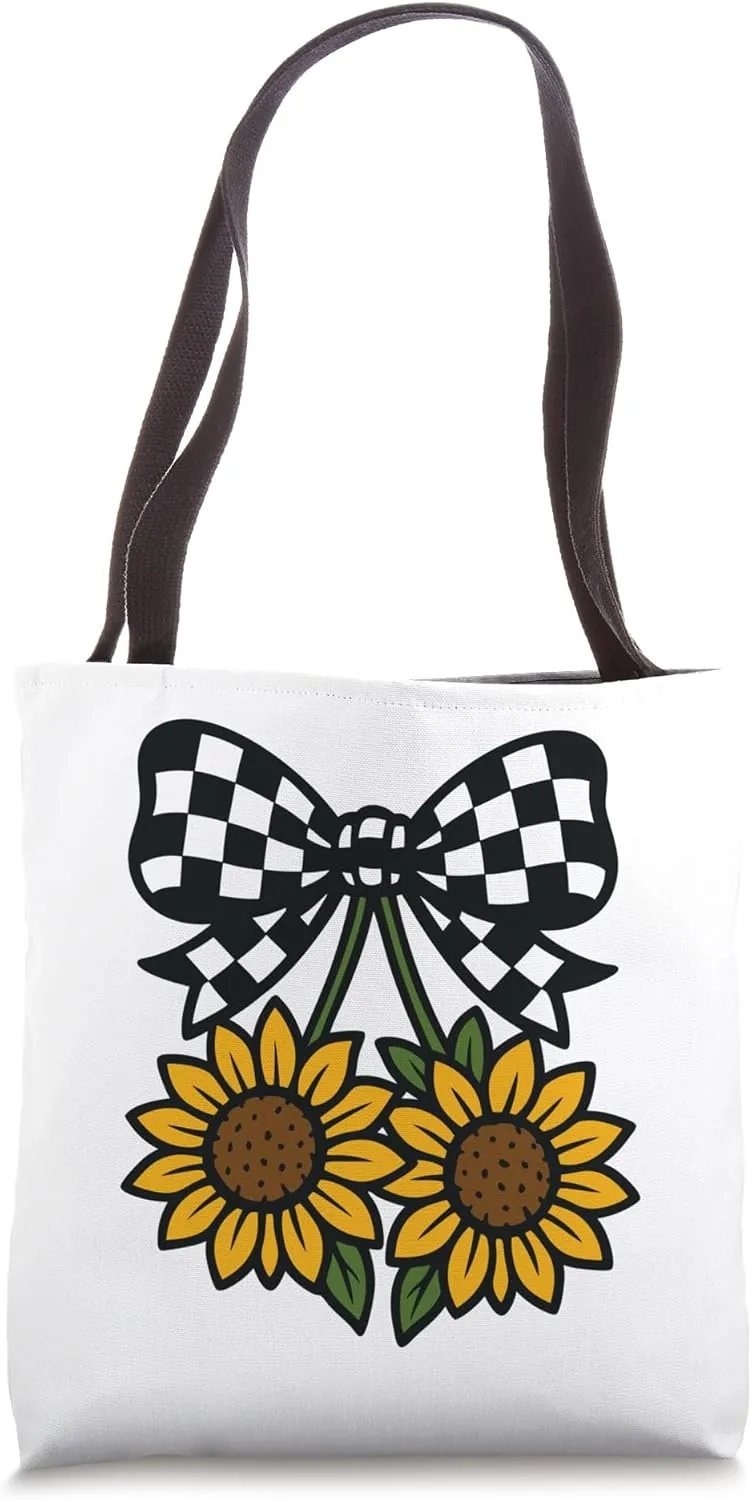Checkered Bow Sunflower Y2K Aesthetic Soft Grunge Style Tote Bag