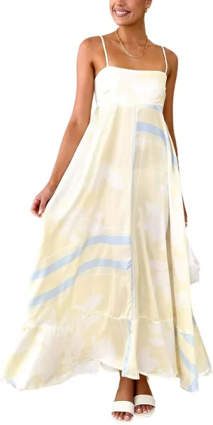 chouyatou Women's Bohemian Floral Print Back Smocked Maxi Dress Sexy Spaghetti Strap Ruffle Swing Beach Long Dress