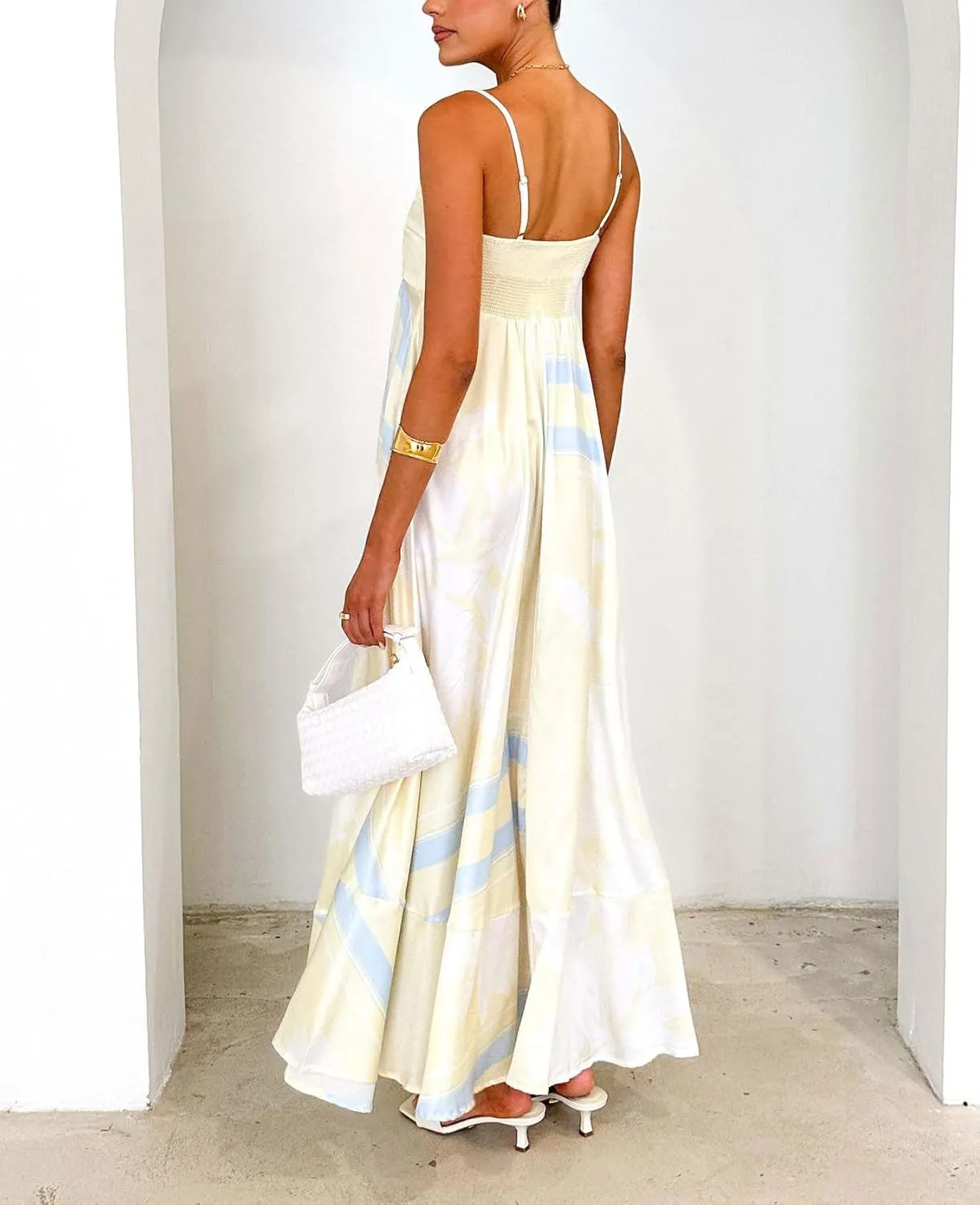 chouyatou Women's Bohemian Floral Print Back Smocked Maxi Dress Sexy Spaghetti Strap Ruffle Swing Beach Long Dress