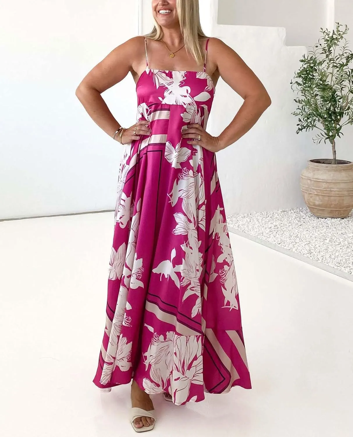chouyatou Women's Bohemian Floral Print Back Smocked Maxi Dress Sexy Spaghetti Strap Ruffle Swing Beach Long Dress
