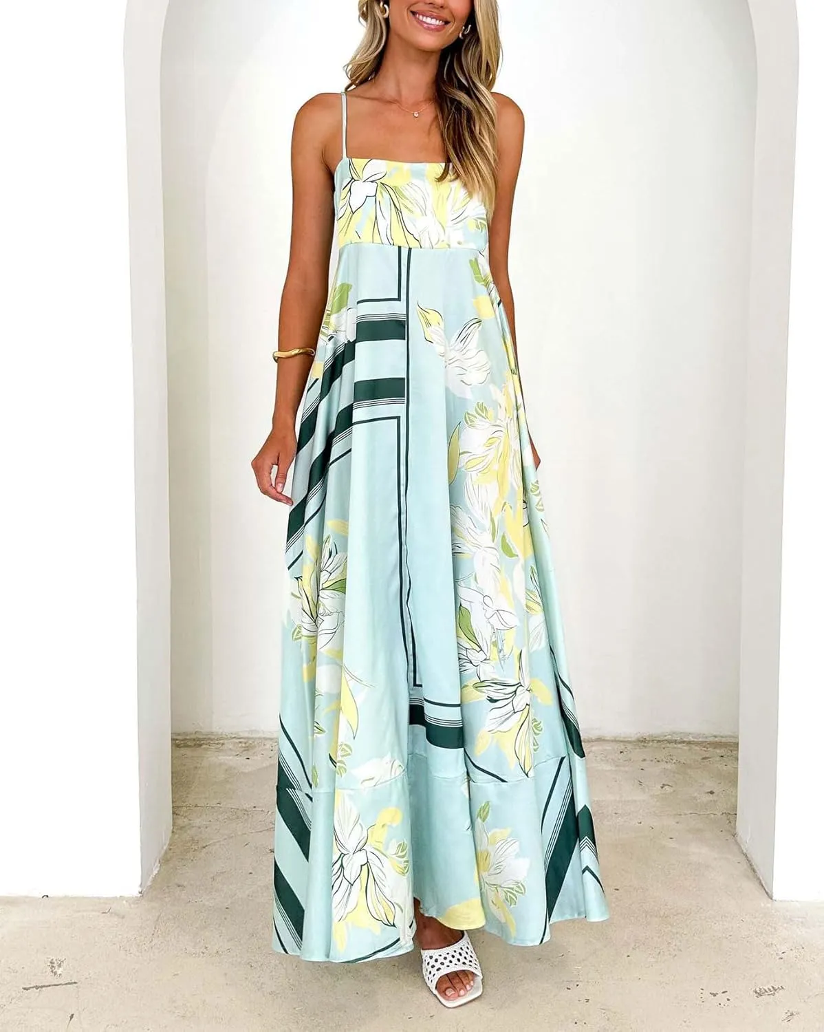 chouyatou Women's Bohemian Floral Print Back Smocked Maxi Dress Sexy Spaghetti Strap Ruffle Swing Beach Long Dress