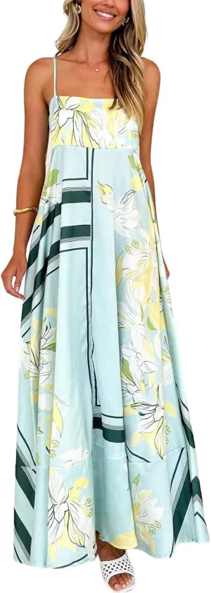 chouyatou Women's Bohemian Floral Print Back Smocked Maxi Dress Sexy Spaghetti Strap Ruffle Swing Beach Long Dress