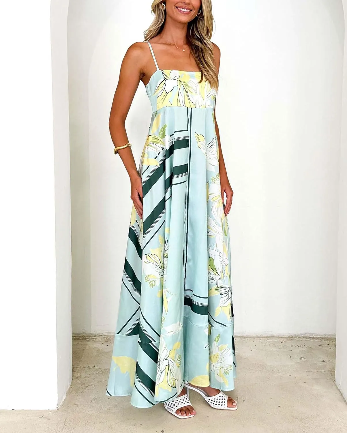 chouyatou Women's Bohemian Floral Print Back Smocked Maxi Dress Sexy Spaghetti Strap Ruffle Swing Beach Long Dress