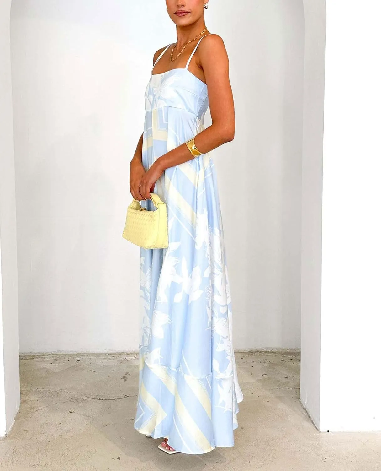 chouyatou Women's Bohemian Floral Print Back Smocked Maxi Dress Sexy Spaghetti Strap Ruffle Swing Beach Long Dress