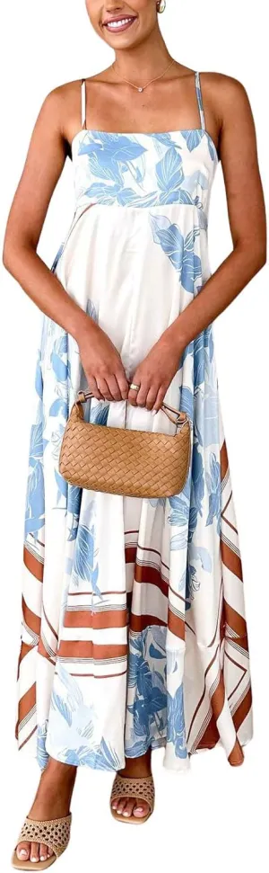 chouyatou Women's Bohemian Floral Print Back Smocked Maxi Dress Sexy Spaghetti Strap Ruffle Swing Beach Long Dress